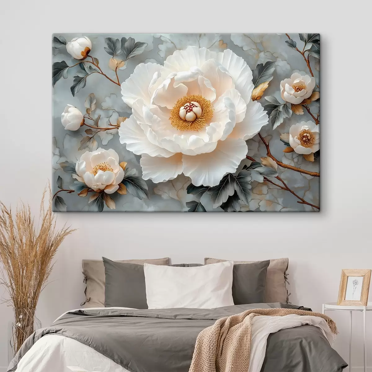 Wandbilder Wunderschöne Pfingstrose vor einem Hintergrund aus Blättern und kleinen Pfingstrosen s43315