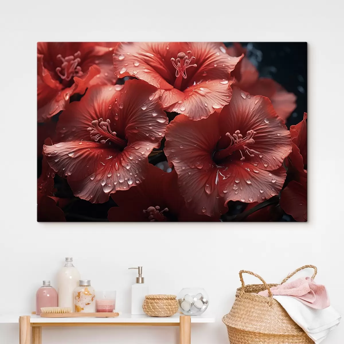 Wandbilder Rote Blumen mit Tau auf den Blütenblättern s43319