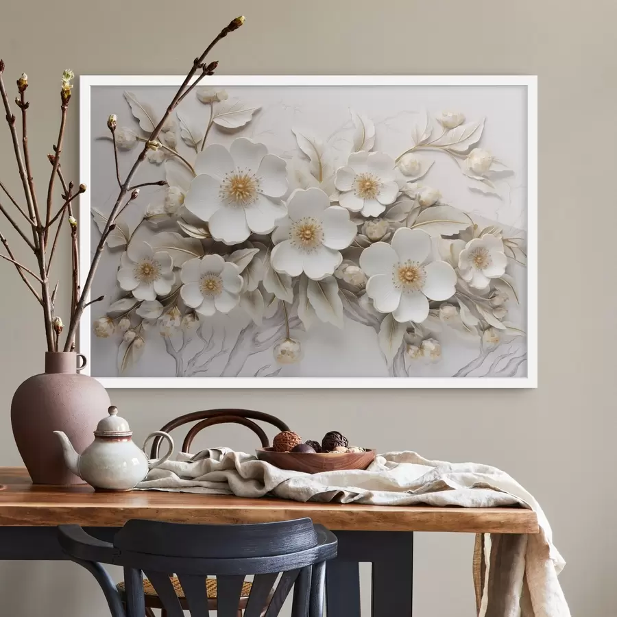 Fototapete 3d weiße Blumen im klassischen Stil mit einem gelben Akzent f43313