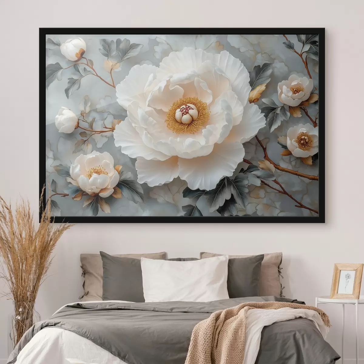 Poster Wunderschöne Pfingstrose vor einem Hintergrund aus Blättern und kleinen Pfingstrosen f43315