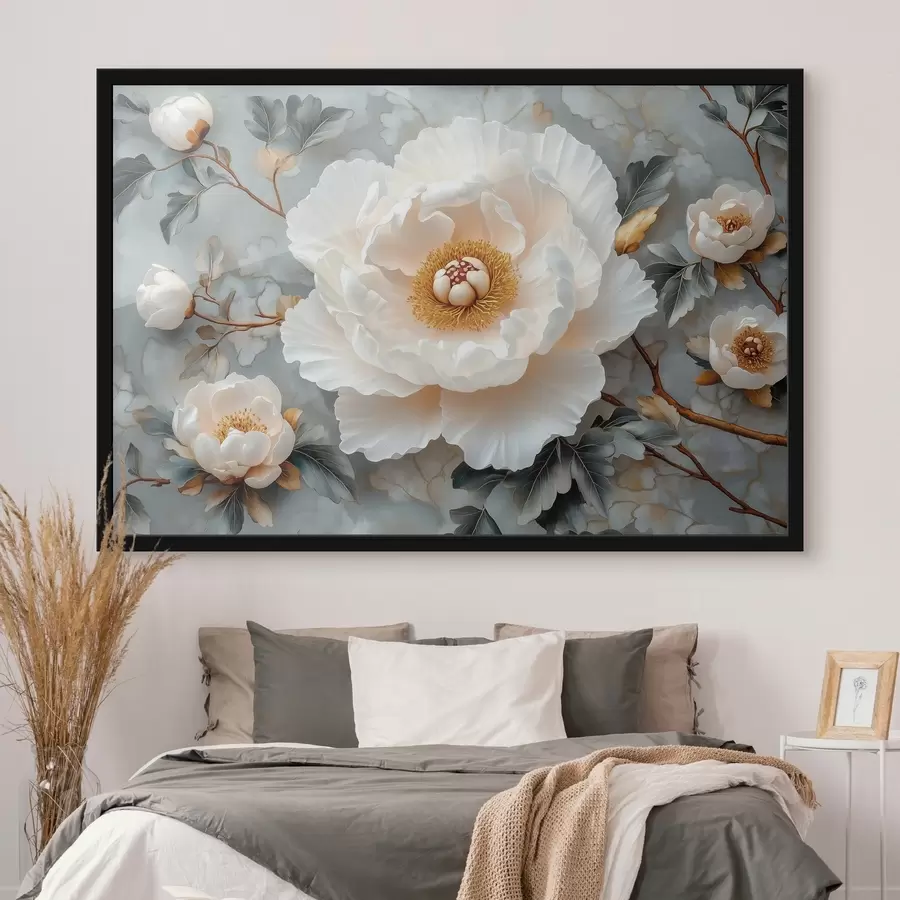 Fototapete Wunderschöne Pfingstrose vor einem Hintergrund aus Blättern und kleinen Pfingstrosen f43315