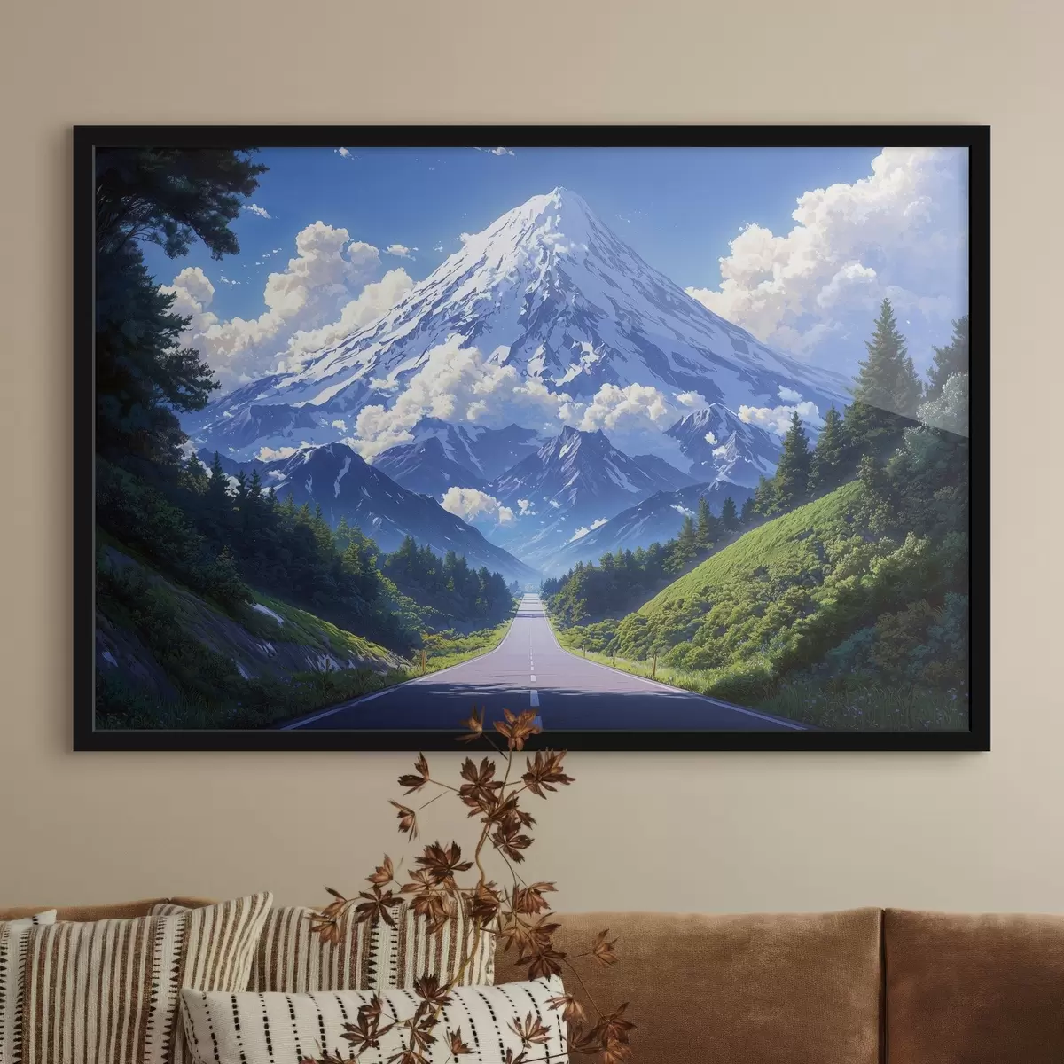 Poster Straße in die Berge mit Wolken und Wald ringsum f43317