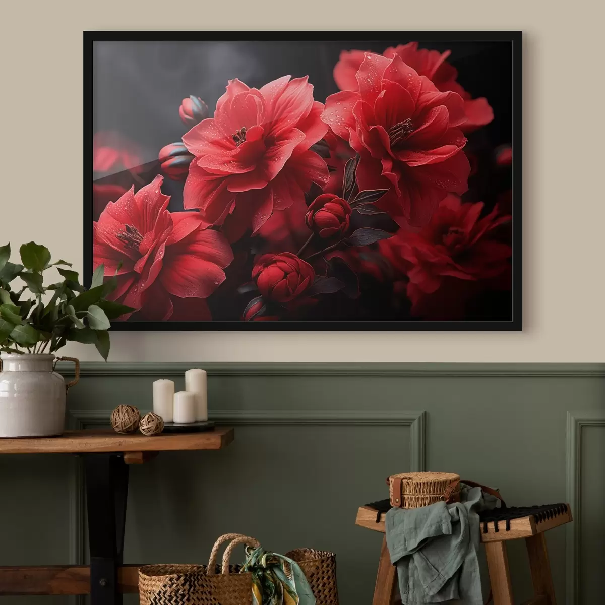 Poster Rote Blumen auf dunklem Hintergrund f43318