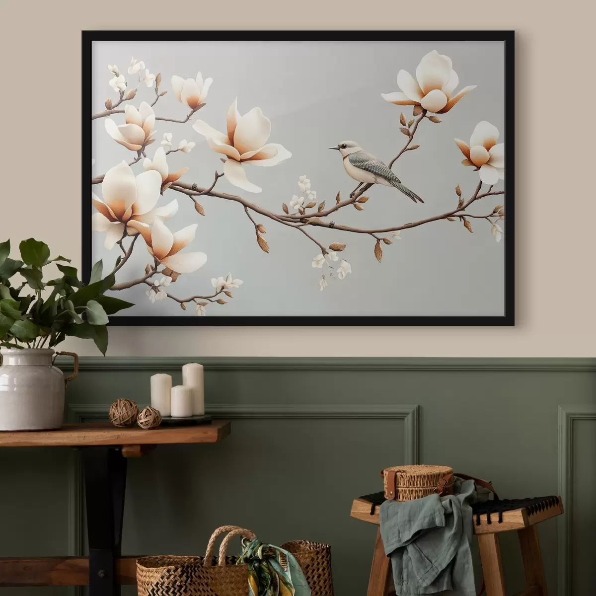 Poster Vogel auf einem Zweig mit Magnolien in sanften Pastellfarben f43320