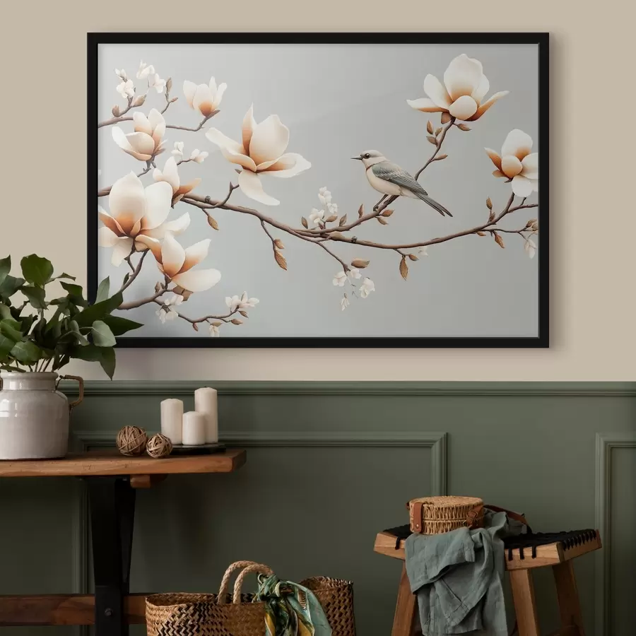 Fototapete Vogel auf einem Zweig mit Magnolien in sanften Pastellfarben f43320