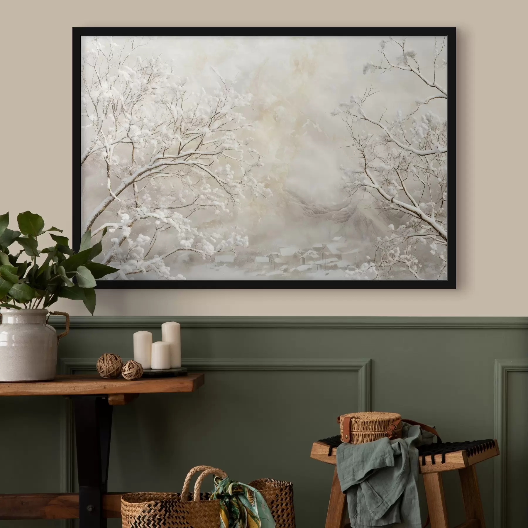 Fototapete Winterzweige mit Schnee vor dem Hintergrund eines Winterdorfs f43321