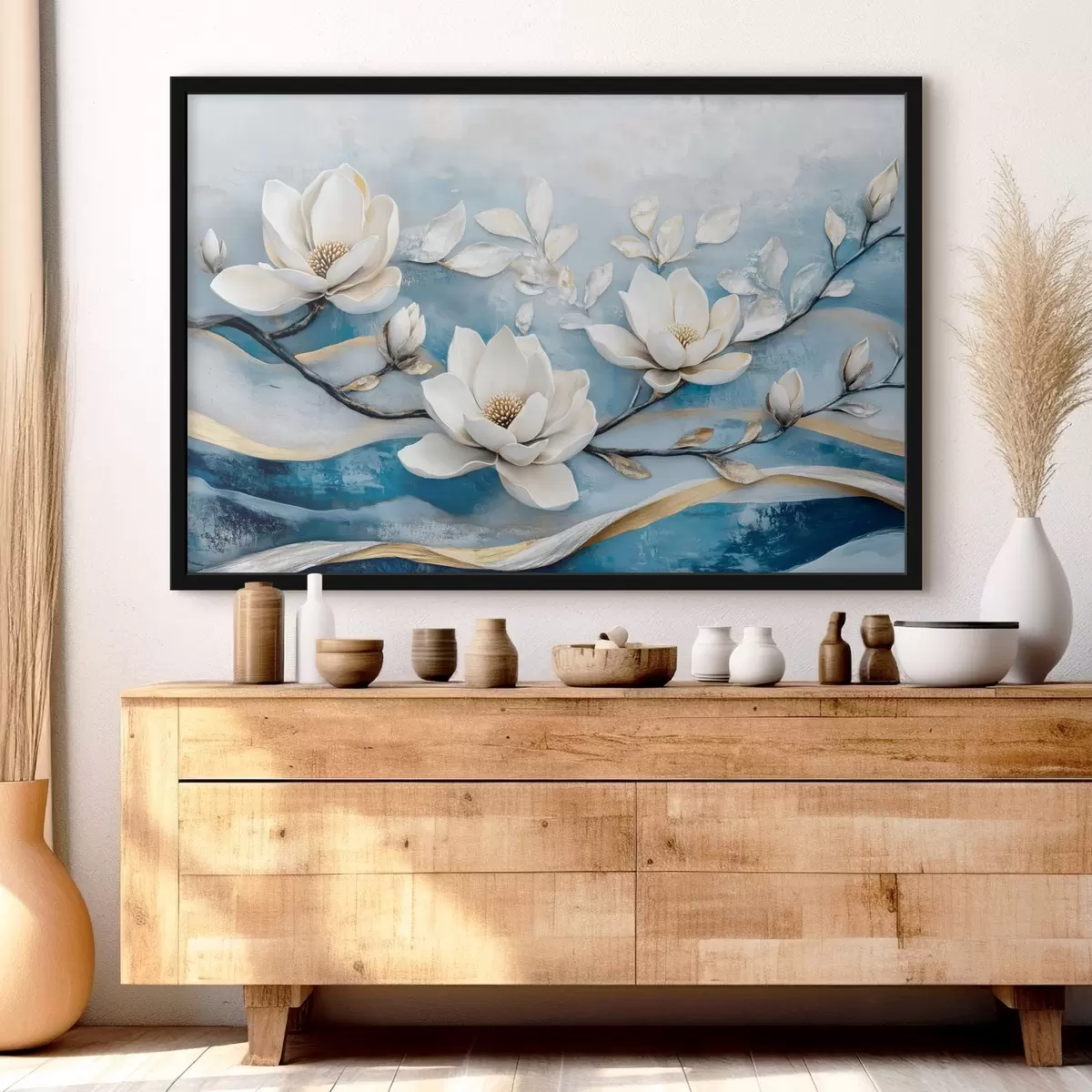 Poster Magnolienzweig auf einem abstrakten blau-gelben Hintergrund f43323