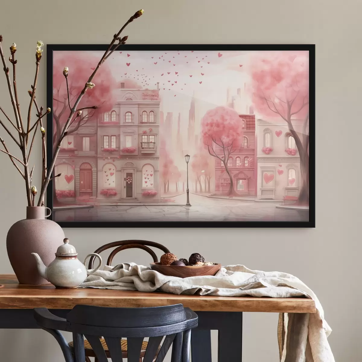 Poster Romantische rosa Straße mit Herzen f43324