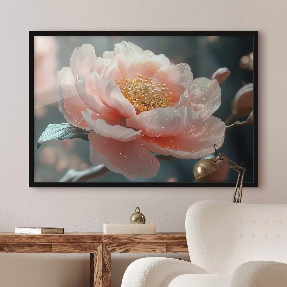 Poster Zarte Blume auf einem Zweig mit Sonnenstrahlen f43326