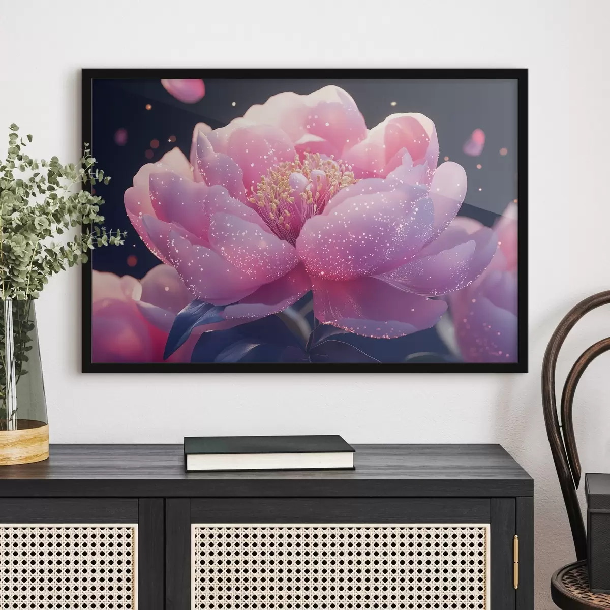 Poster Große zartrosa Blüte mit Sonnenstrahlen f43327