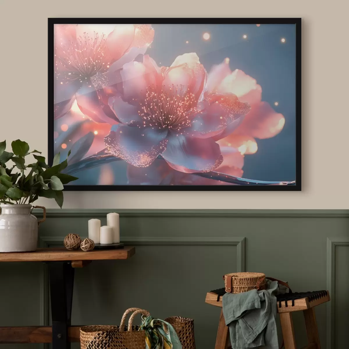 Poster Magische rosa Blume mit Sonnenstrahlen f43328