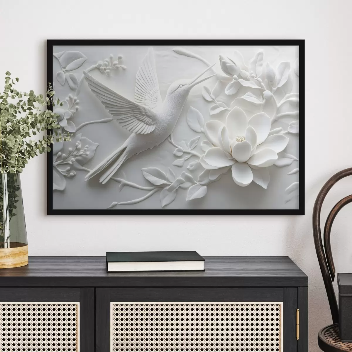 Poster Schwarz und weiß 3d Bild eines Vogels und umliegenden Blumen f43329