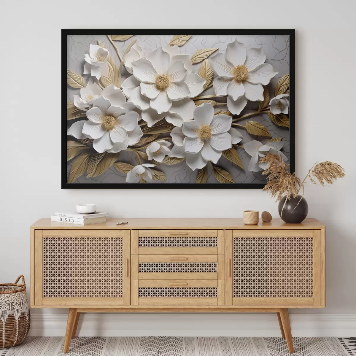 Poster Weiße Blüten im Stil eines Freskenreliefs mit gelben Blättern und Staubgefäßen f43330