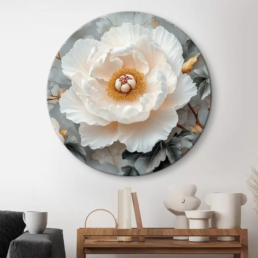 Wandbilder Wunderschöne Pfingstrose vor einem Hintergrund aus Blättern und kleinen Pfingstrosen r43315