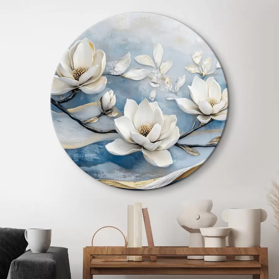 Wandbilder Magnolienzweig auf einem abstrakten blau-gelben Hintergrund r43323
