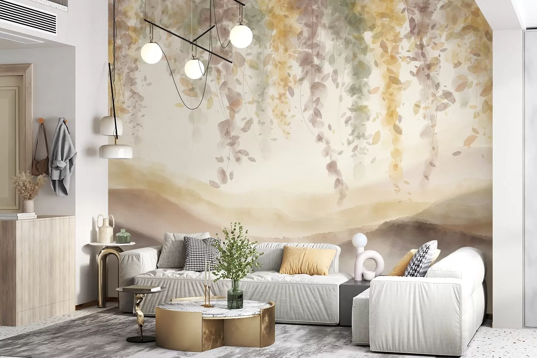 Fototapete Wisteria Blätter hängen über blauen Bergen, weichen Pastell gelb und braunen Farben, Aquarell-Stil Landschaft w08909v1