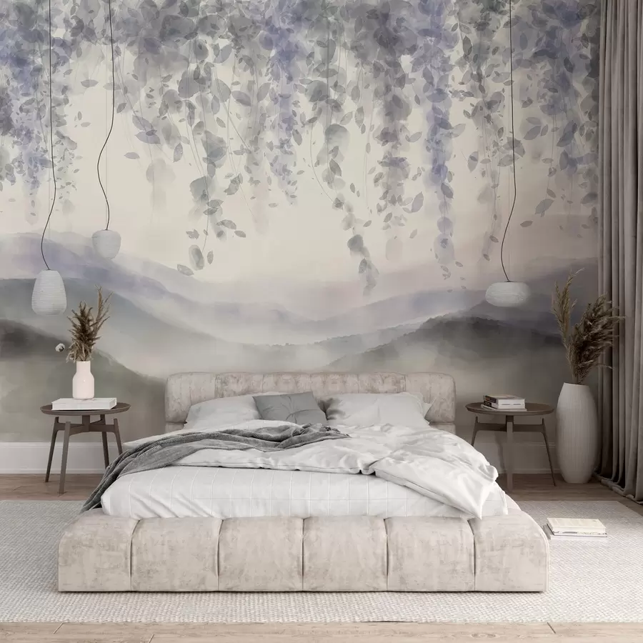 Fototapete Wisteria Blätter hängen über blauen Bergen, weichen Pastell blauen und grauen Farben, Aquarell-Stil Landschaft w08909