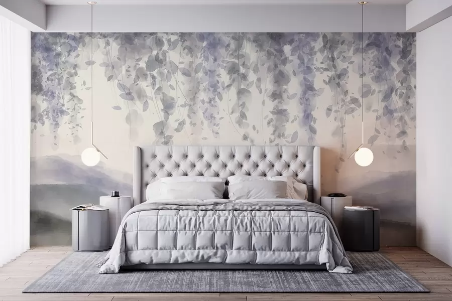 Fototapete Wisteria Blätter hängen über blauen Bergen, weichen Pastell blauen und grauen Farben, Aquarell-Stil Landschaft w08909