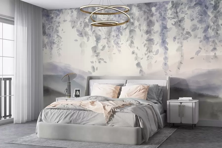 Fototapete Wisteria Blätter hängen über blauen Bergen, weichen Pastell blauen und grauen Farben, Aquarell-Stil Landschaft w08909