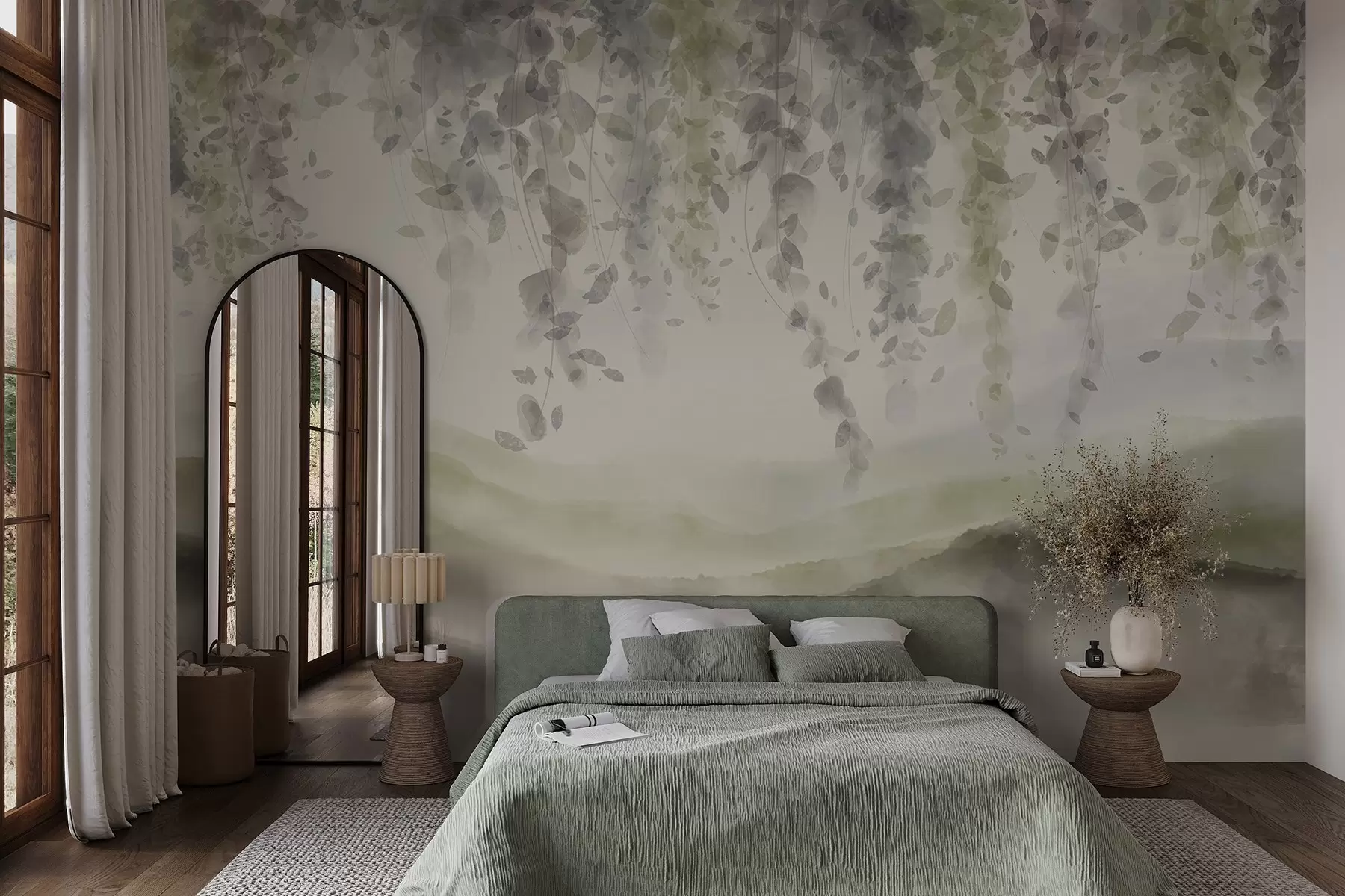 Fototapete Wisteria Blätter hängen über blauen Bergen, weichen Pastell grün und beige Farben, Aquarell-Stil Landschaft w08909v2