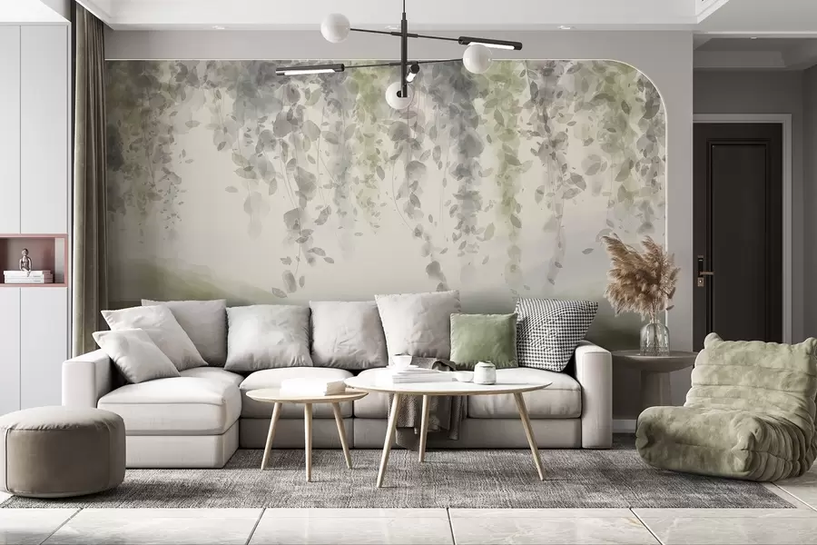 Fototapete Wisteria Blätter hängen über blauen Bergen, weichen Pastell grün und beige Farben, Aquarell-Stil Landschaft w08909v2