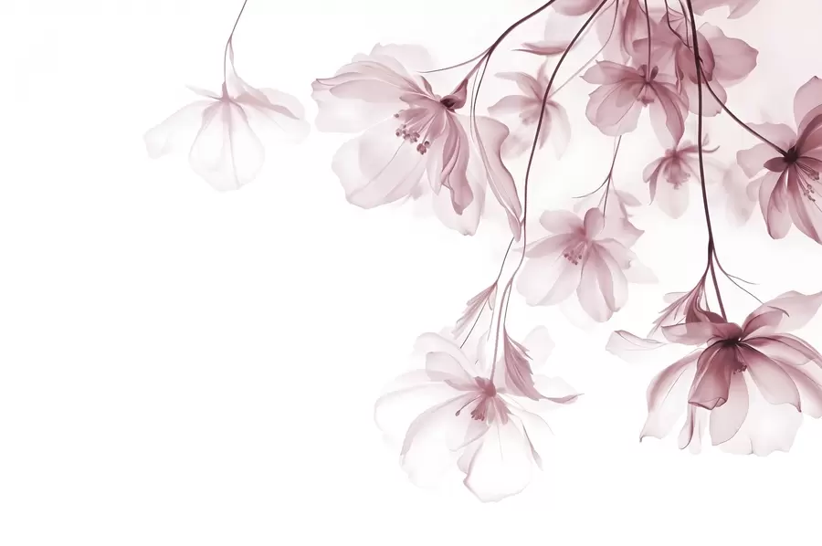 Fototapete Rosa Blumen mit durchscheinenden Blütenblätter hängen von einem Zweig, rosa und weiß, minimalistische moderne Kunst Komposition w08911v2