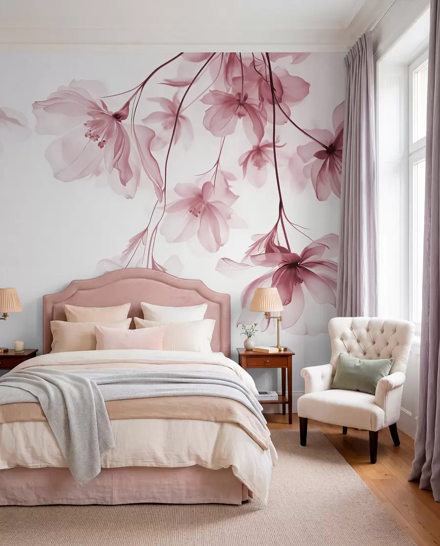 Fototapete Rosa Blumen mit durchscheinenden Blütenblätter hängen von einem Zweig, rosa und weiß, minimalistische moderne Kunst Komposition w08911v2