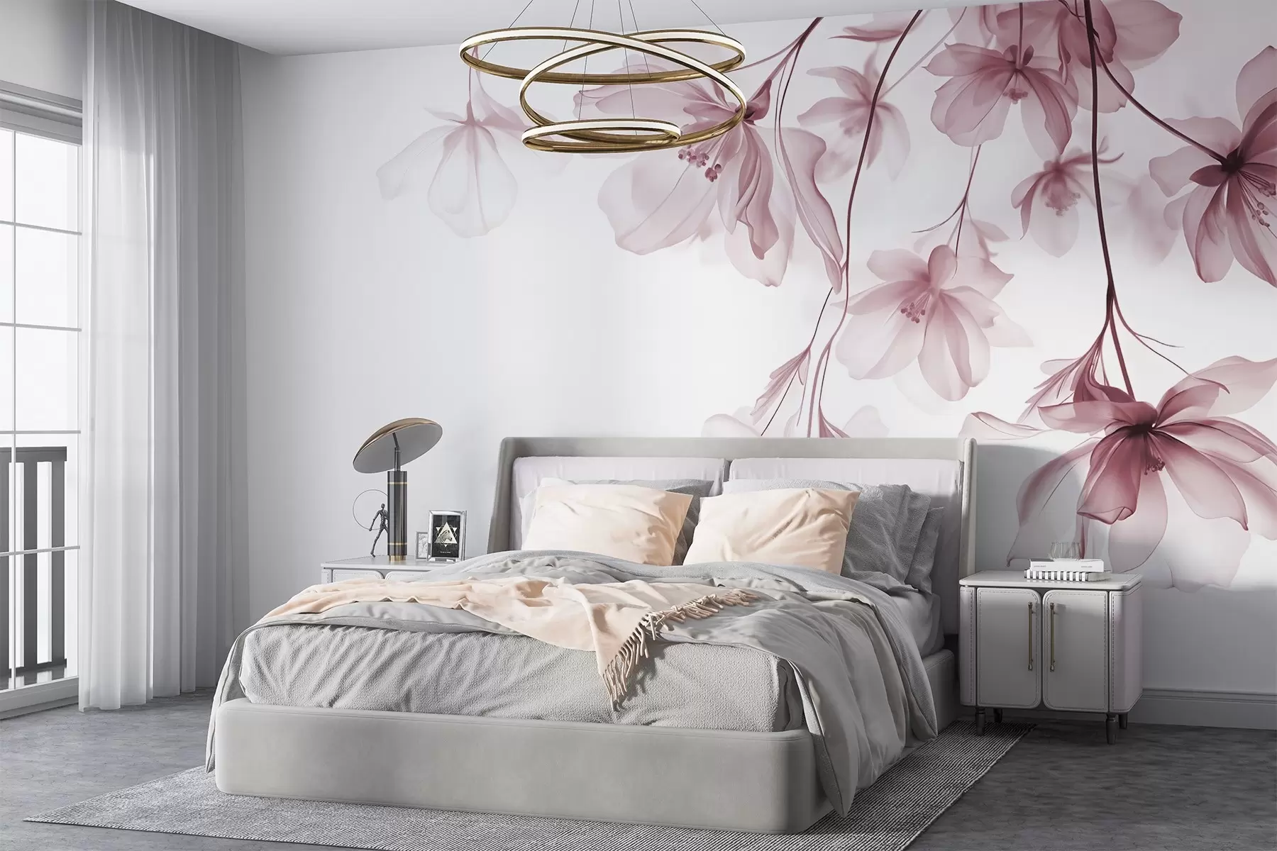 Fototapete Rosa Blumen mit durchscheinenden Blütenblätter hängen von einem Zweig, rosa und weiß, minimalistische moderne Kunst Komposition w08911v2