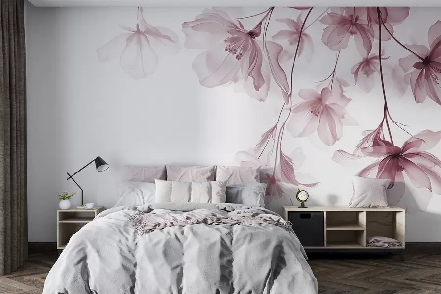 Fototapete Rosa Blumen mit durchscheinenden Blütenblätter hängen von einem Zweig, rosa und weiß, minimalistische moderne Kunst Komposition w08911v2