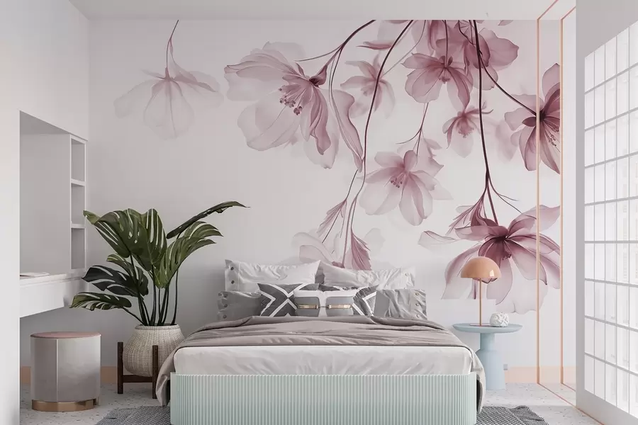 Fototapete Rosa Blumen mit durchscheinenden Blütenblätter hängen von einem Zweig, rosa und weiß, minimalistische moderne Kunst Komposition w08911v2