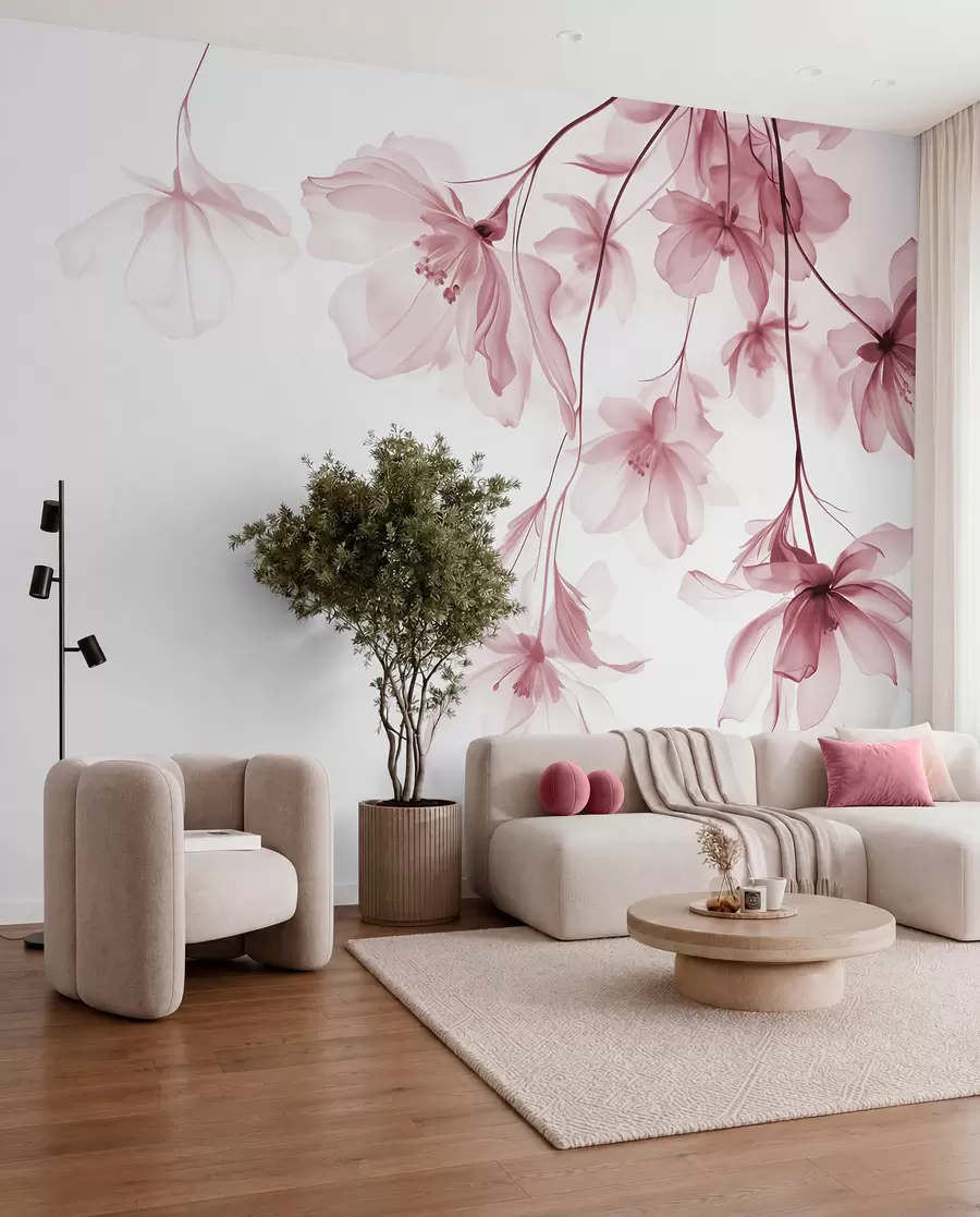 Fototapete Rosa Blumen mit durchscheinenden Blütenblätter hängen von einem Zweig, rosa und weiß, minimalistische moderne Kunst Komposition w08911v2