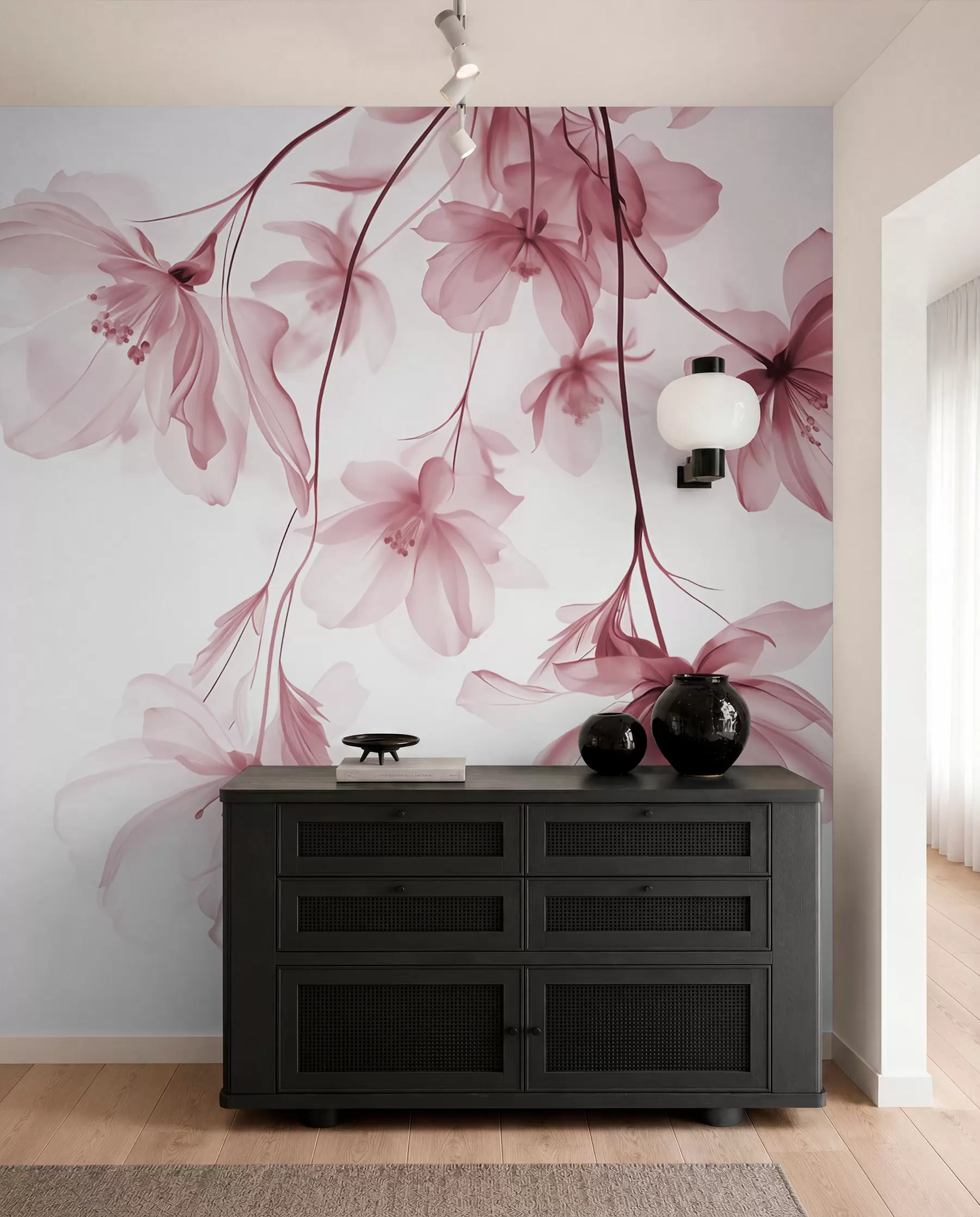 Fototapete Rosa Blumen mit durchscheinenden Blütenblätter hängen von einem Zweig, rosa und weiß, minimalistische moderne Kunst Komposition w08911v2