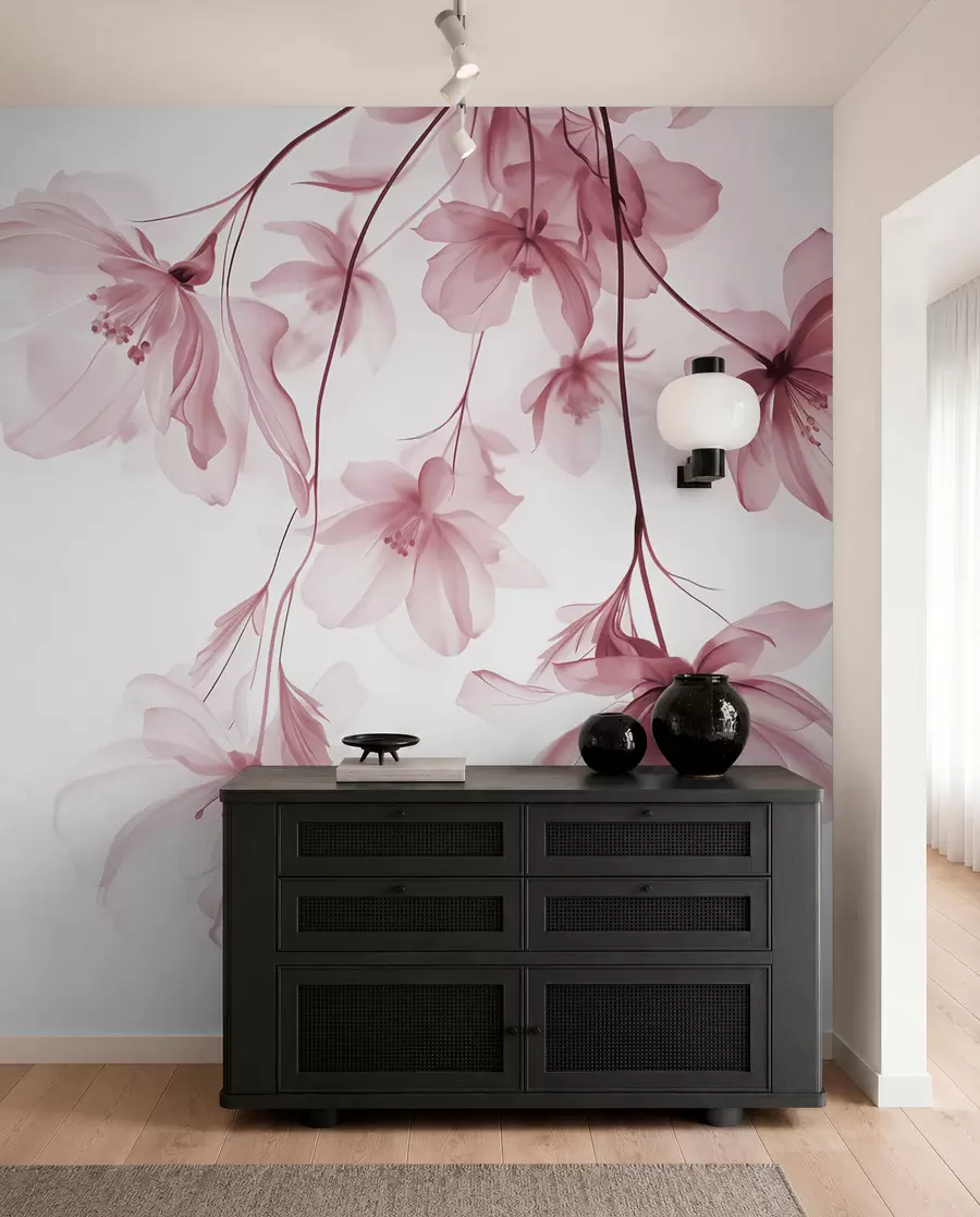 Fototapete Rosa Blumen mit durchscheinenden Blütenblätter hängen von einem Zweig, rosa und weiß, minimalistische moderne Kunst Komposition w08911v2