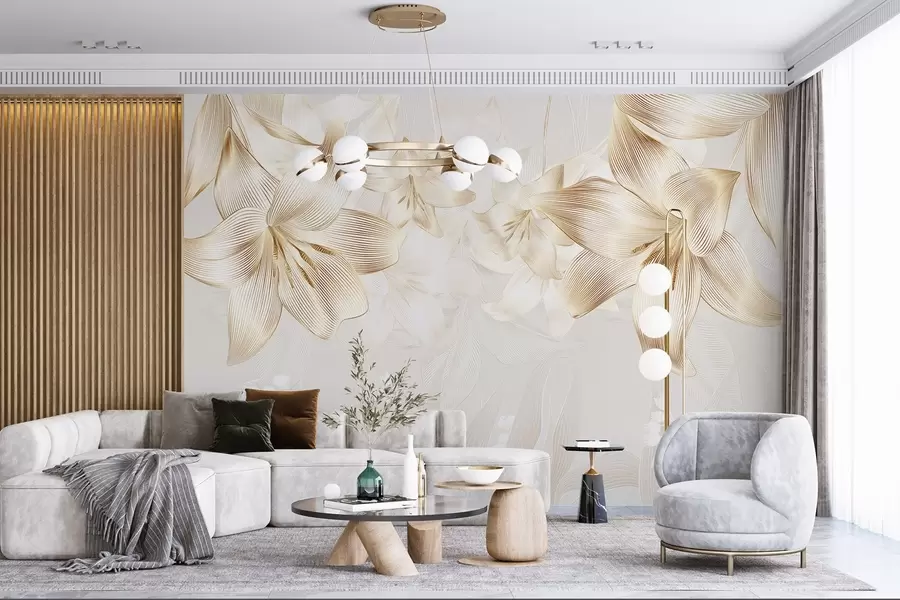 Fototapete Gelbe Lilien mit filigranen Liniendetails, elegantes Blumenarrangement, neutrale Farbpalette w08912