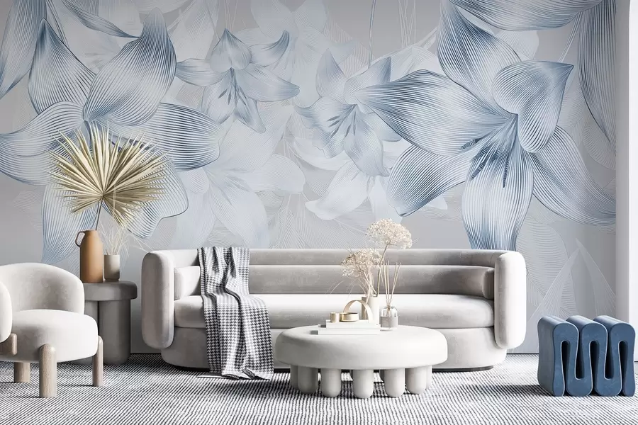 Fototapete Blaue Lilien mit filigranen Liniendetails, elegantes Blumenarrangement, neutrale Farbpalette w08912v1