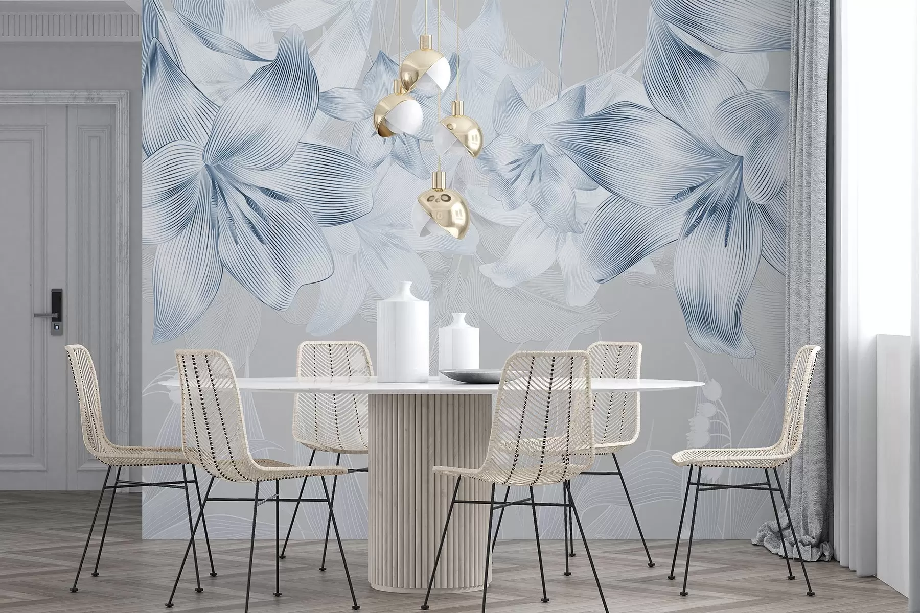 Fototapete Blaue Lilien mit filigranen Liniendetails, elegantes Blumenarrangement, neutrale Farbpalette w08912v1