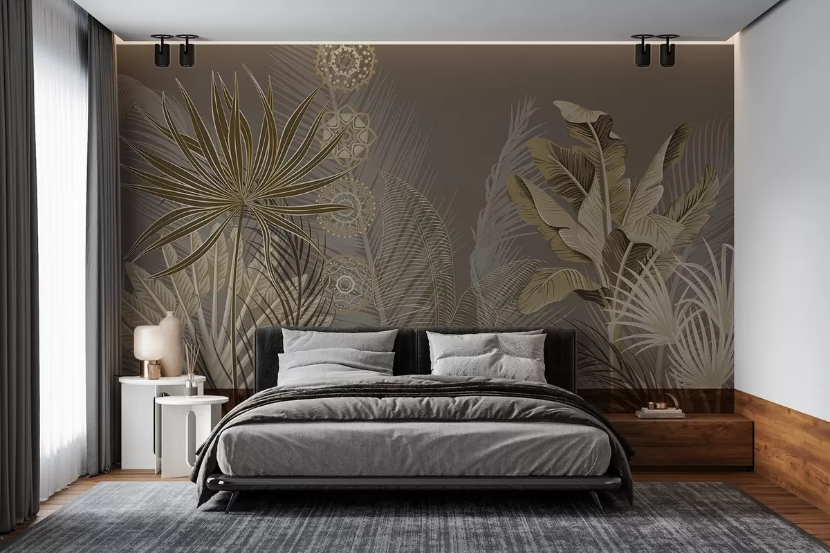 Fototapete Tropische Blätter in Beige- und Brauntönen, Palmenblätter, Bananenblätter und Mandala-Ornamente, dunkler Hintergrund w08913v1
