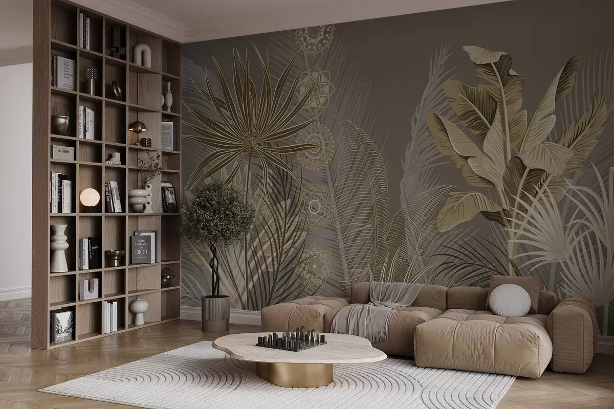 Fototapete Tropische Blätter in Beige- und Brauntönen, Palmenblätter, Bananenblätter und Mandala-Ornamente, dunkler Hintergrund w08913v1