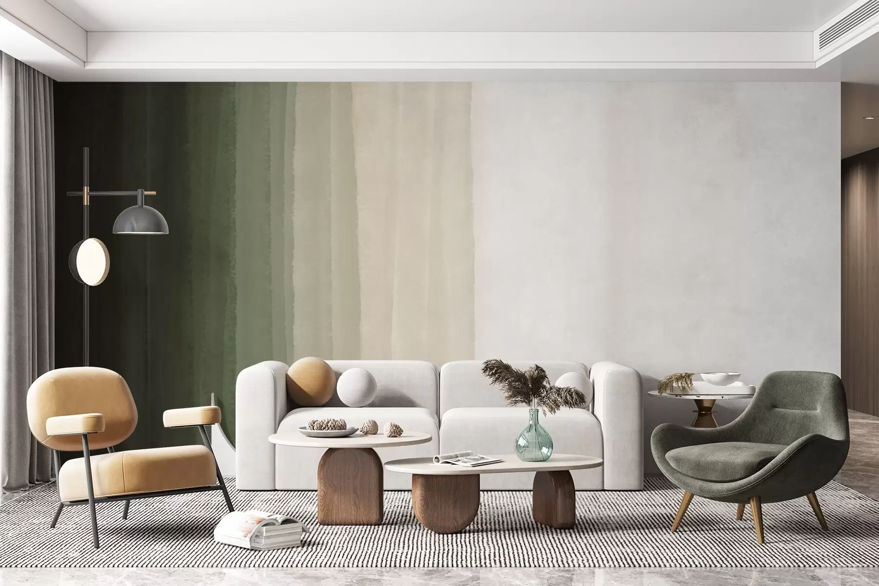 Fototapete Abstrakter minimalistischer Farbverlaufsdruck mit vertikalen Streifen in Dunkelgrün, Beige und Weiß w08915