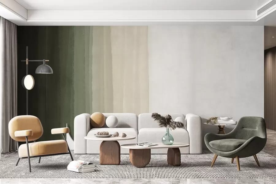 Fototapete Abstrakter minimalistischer Farbverlaufsdruck mit vertikalen Streifen in Dunkelgrün, Beige und Weiß w08915