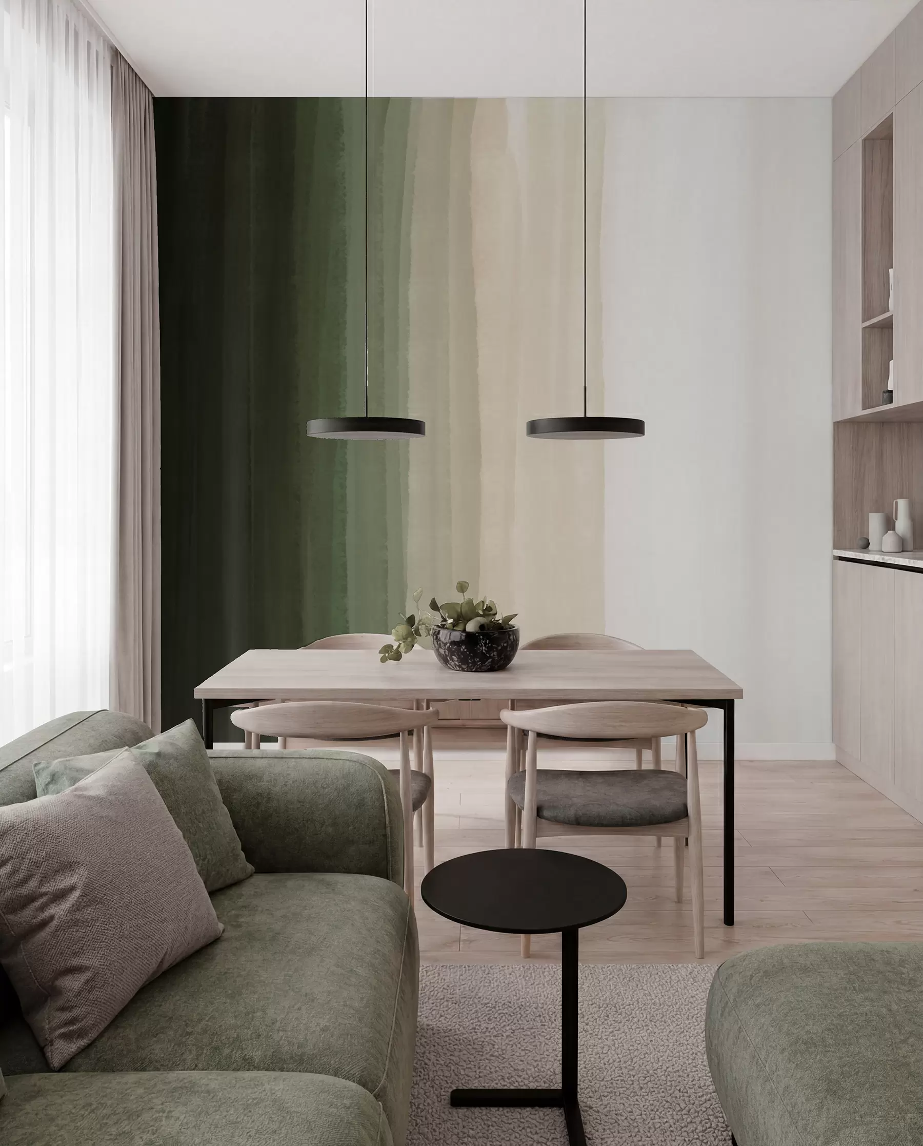 Fototapete Abstrakter minimalistischer Farbverlaufsdruck mit vertikalen Streifen in Dunkelgrün, Beige und Weiß w08915
