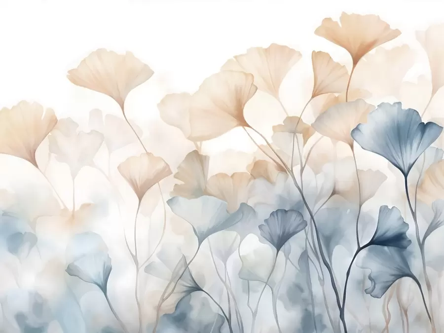 Fototapete Ginkgoblätter in blauer und oranger Aquarellfarbe, durchscheinende Blütenblätter, zarte Stängel, sanfte Farbpalette w08917