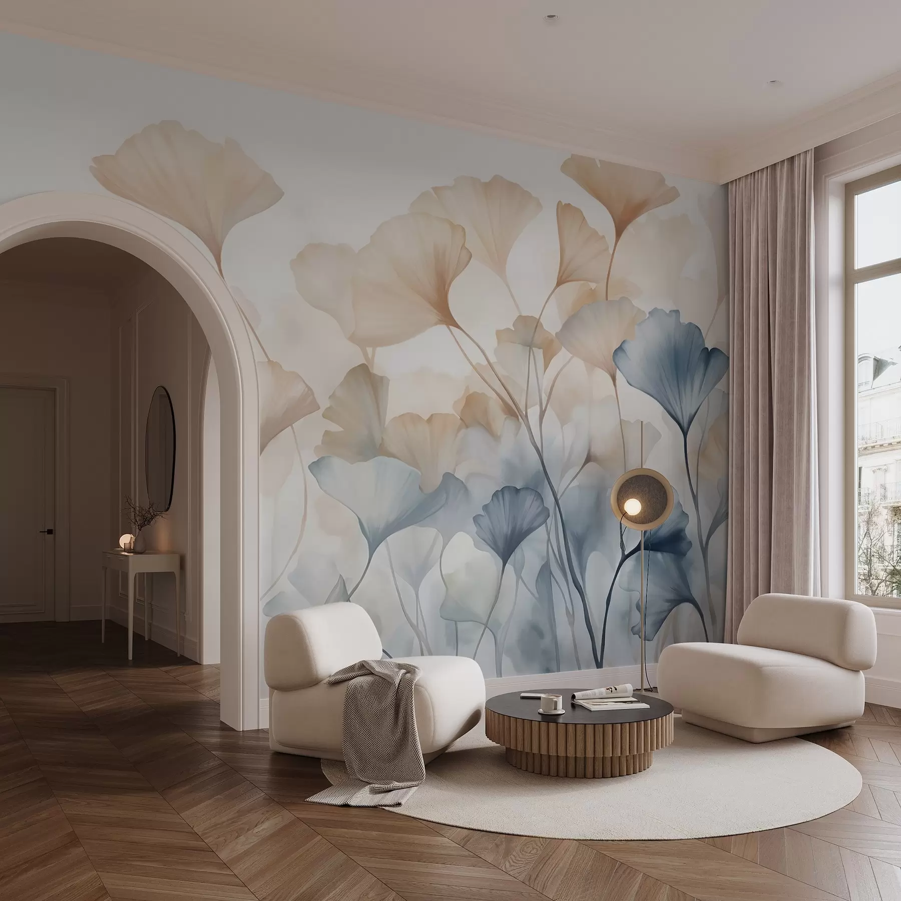 Wandbilder Ginkgoblätter in blauer und oranger Aquarellfarbe, durchscheinende Blütenblätter, zarte Stängel, sanfte Farbpalette w08917