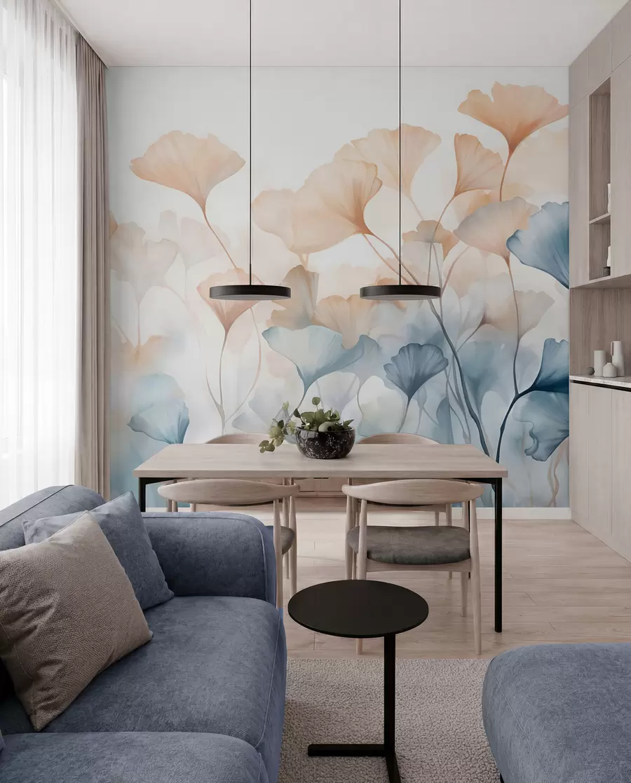 Fototapete Ginkgoblätter in blauer und oranger Aquarellfarbe, durchscheinende Blütenblätter, zarte Stängel, sanfte Farbpalette w08917