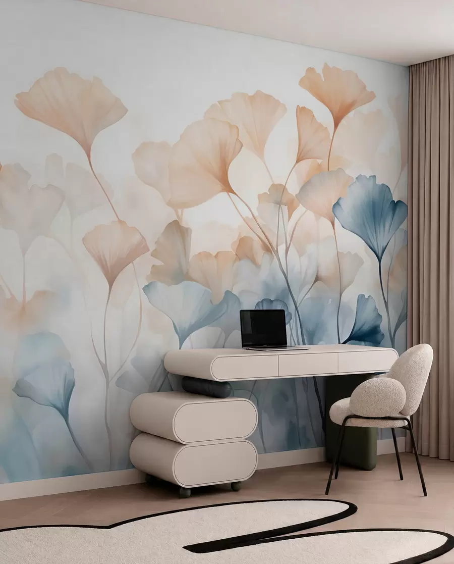 Fototapete Ginkgoblätter in blauer und oranger Aquarellfarbe, durchscheinende Blütenblätter, zarte Stängel, sanfte Farbpalette w08917