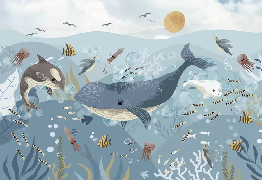 Fototapete Kinder Illustration niedlichen Druck mit blauen Wal umgeben von Fischen, Tintenfischen, Quallen in einem blauen Ozean mit Blasen w08921