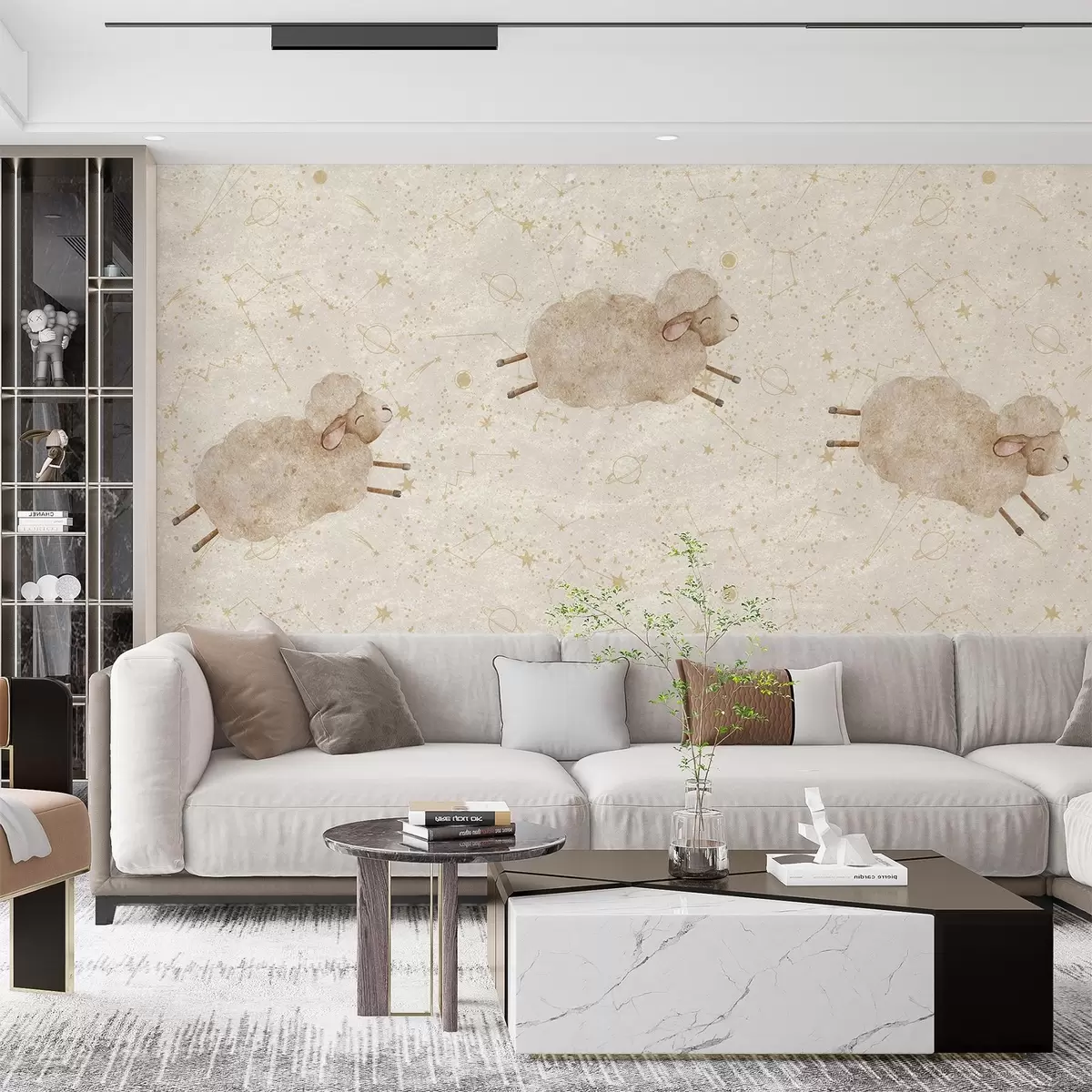 Fototapete Springende Schafe vor einem Sternenhintergrund w08930