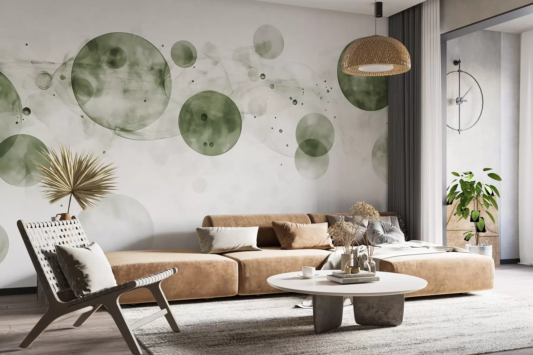 Fototapete Kreise im Aquarellstil, Abstraktion, ätherisch, fließende Kunst, grüne Farben w03405v1