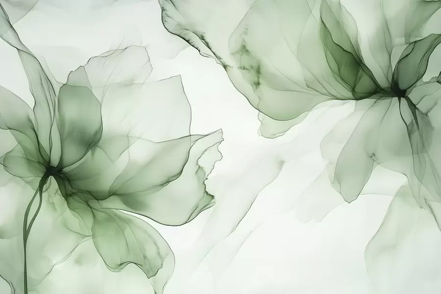 Fototapete Blumen im fließenden Stil, florale Abstraktion, Aquarell, grüne Farbpalette w03406