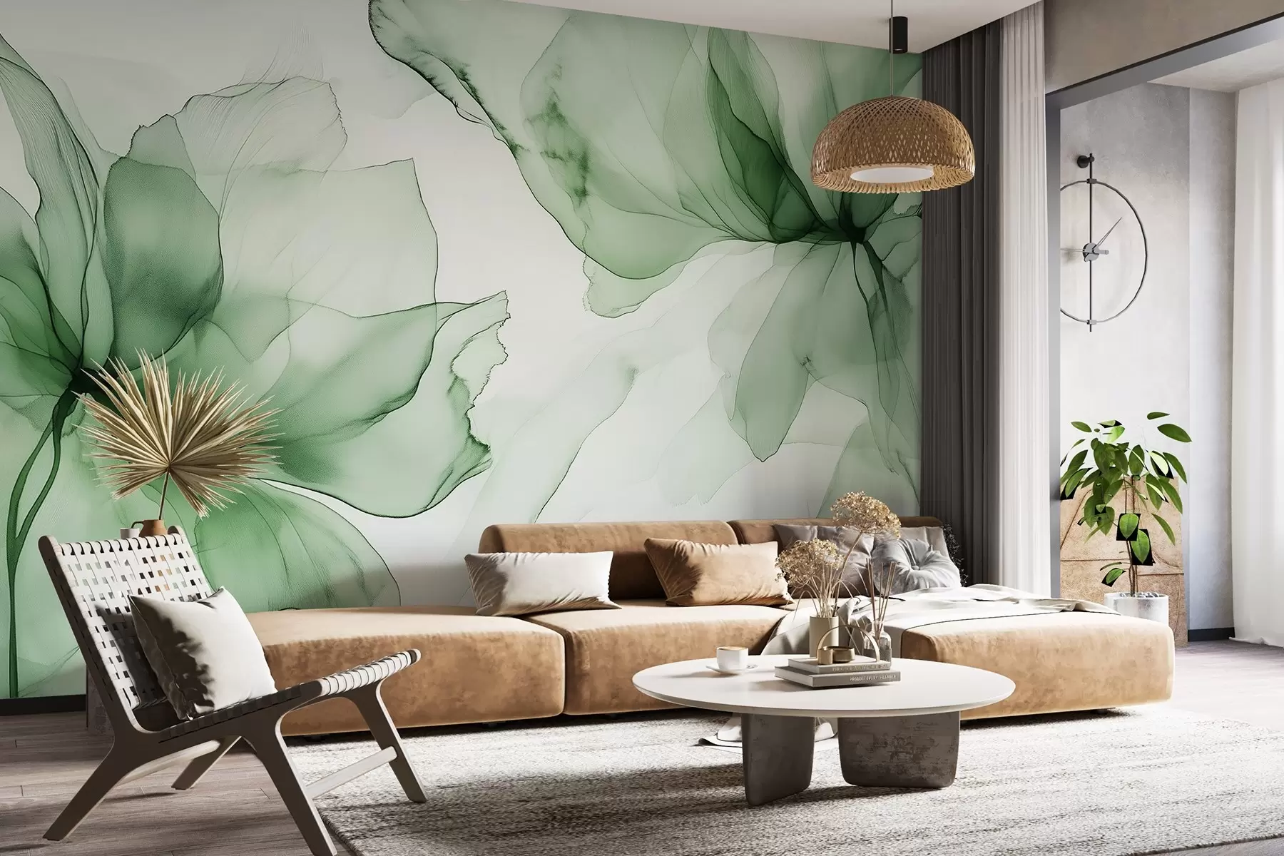 Fototapete Blumen im fließenden Stil, florale Abstraktion, Aquarell, grüne Farbpalette w03406